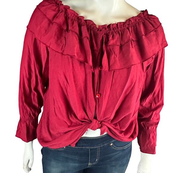 Elliott & Vine Womans Sz 2X Plus Blouse Maroon Ruffle Knotted Button Front - Picture 5 of 7